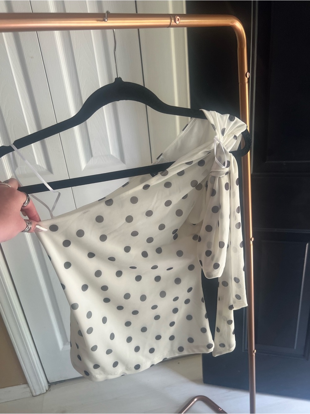 Divided White One-Shoulder Polka Dot Tie Camisole